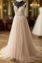 Elegant Tulle Lace Long Formal Prom Dress, A-Line Scoop Neckline Evening Dress