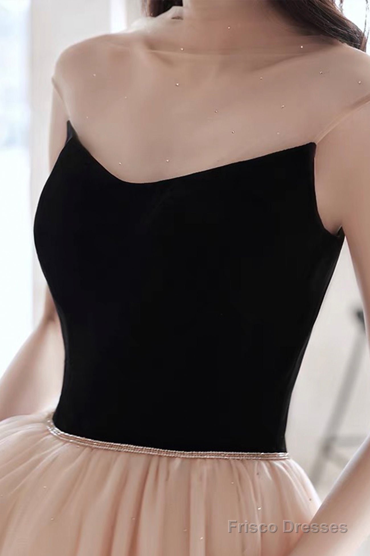 Elegant Tulle Long A-Line Prom Dress, Champagne Scoop Neckline Evening Dress