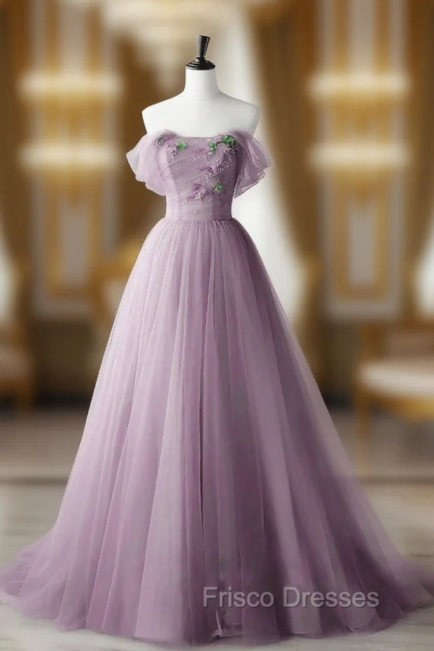 Elegant Tulle Long Party Dress with Flowers, A-line Tulle Evening Dress Formal Prom Dress Main image