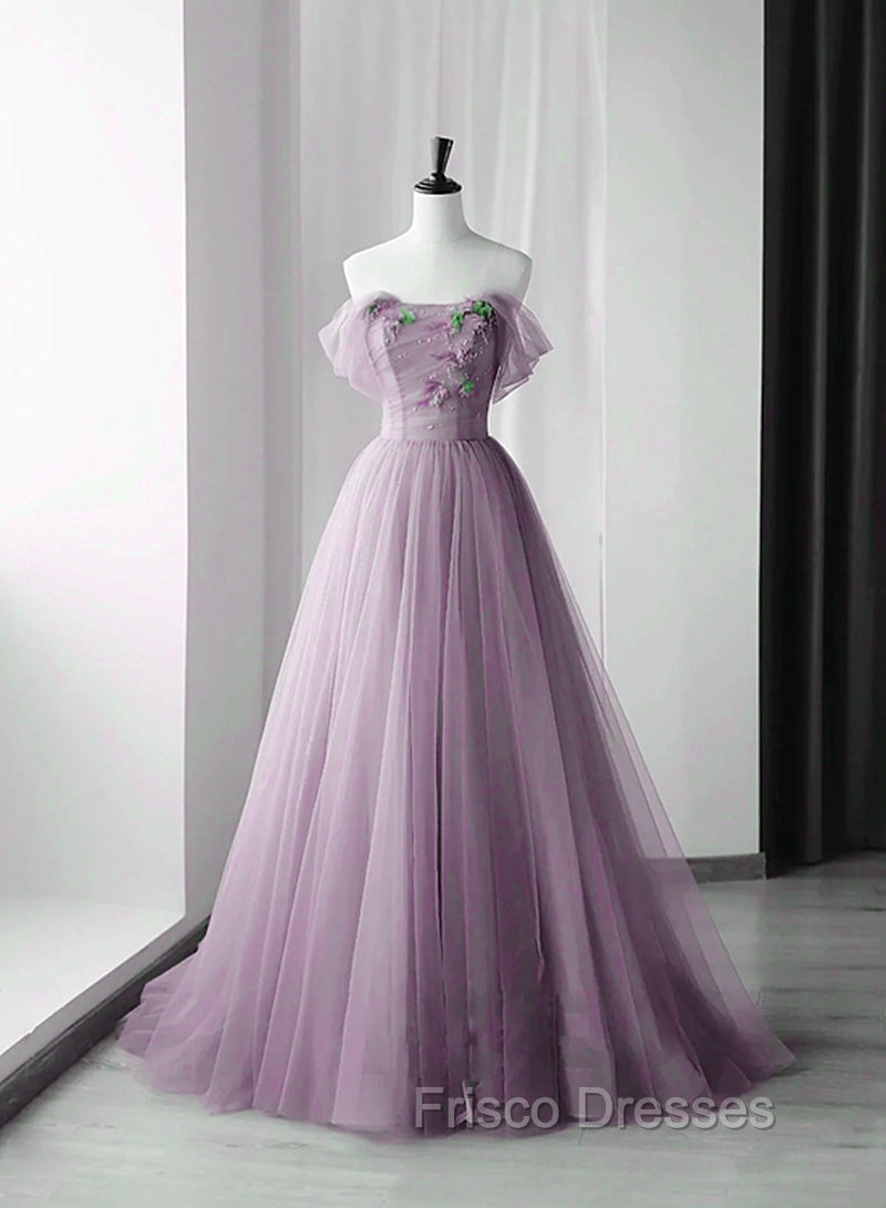 Elegant Tulle Long Party Dress with Flowers, A-line Tulle Evening Dress Formal Prom Dress