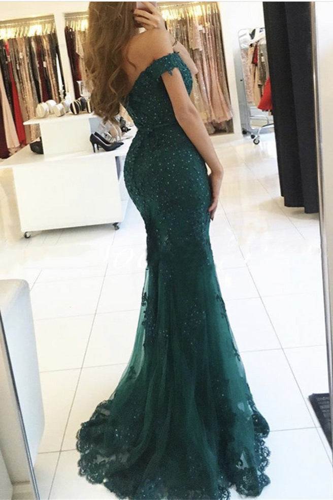Elegant Tulle Off-The-Shoulder Green Mermaid Evening Dress Sequins Lace Long Secondary image