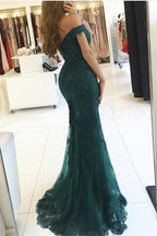 Elegant Tulle Off-The-Shoulder Green Mermaid Evening Dress Sequins Lace Long