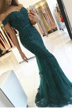 Elegant Tulle Off-The-Shoulder Green Mermaid Evening Dress Sequins Lace Long