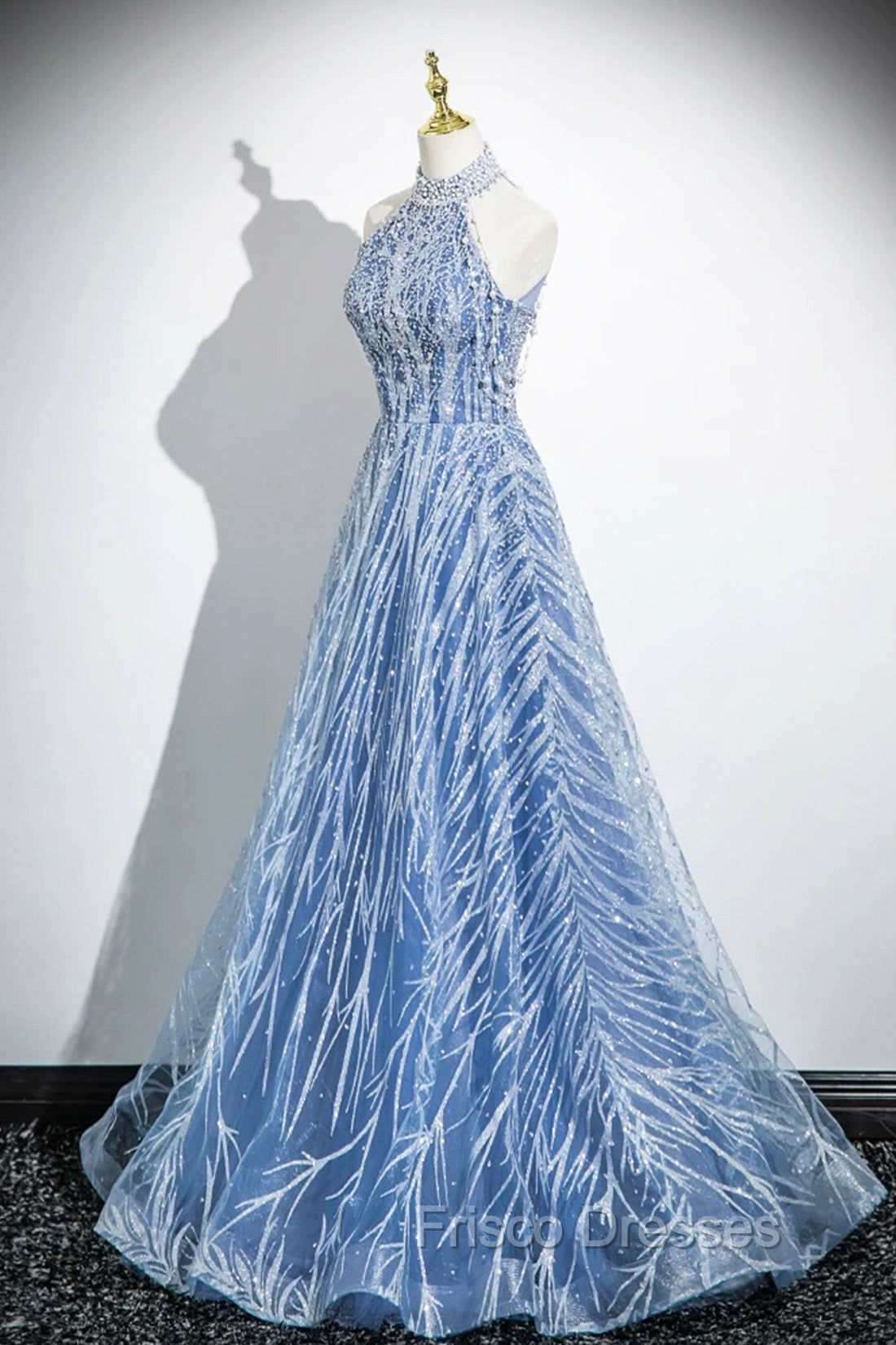 Elegant Tulle Sequins Floor Length Formal Prom Dress, Blue Halter A-Line Evening Dress