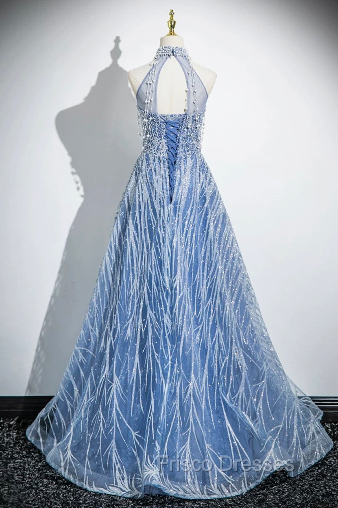 Elegant Tulle Sequins Floor Length Formal Prom Dress, Blue Halter A-Line Evening Dress