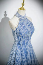 Elegant Tulle Sequins Floor Length Formal Prom Dress, Blue Halter A-Line Evening Dress