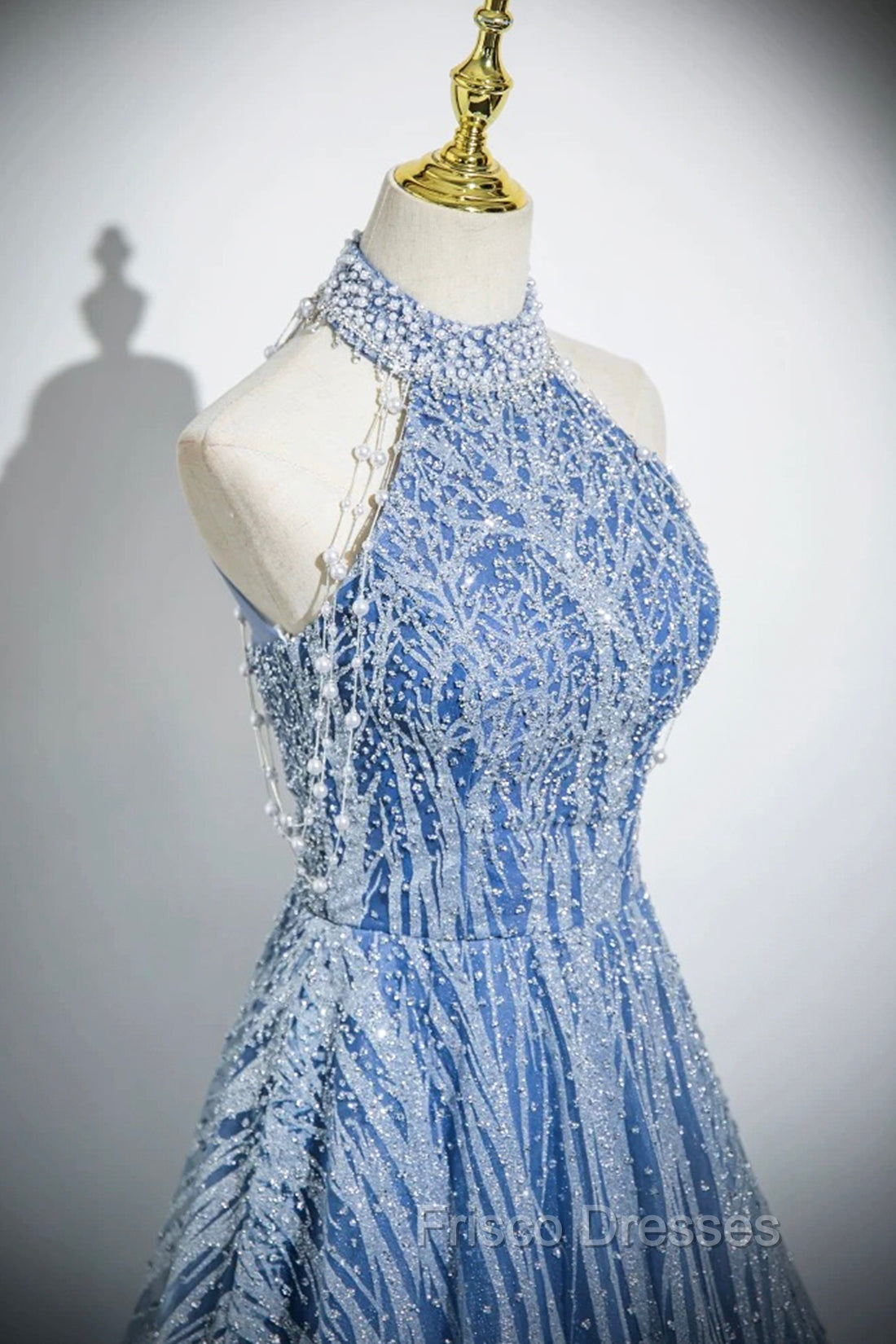 Elegant Tulle Sequins Floor Length Formal Prom Dress, Blue Halter A-Line Evening Dress