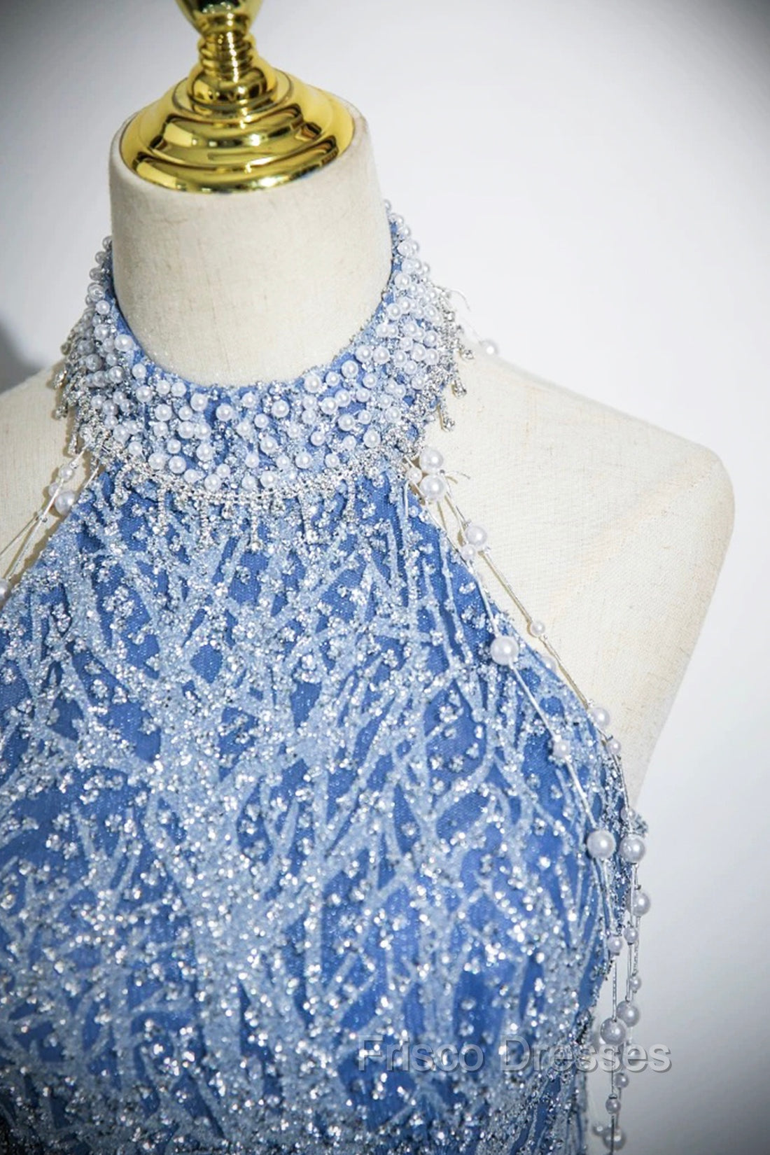 Elegant Tulle Sequins Floor Length Formal Prom Dress, Blue Halter A-Line Evening Dress