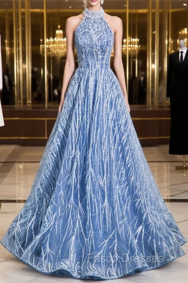 Elegant Tulle Sequins Floor Length Formal Prom Dress, Blue Halter A-Line Evening Dress Main image