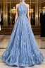 Elegant Tulle Sequins Floor Length Formal Prom Dress, Blue Halter A-Line Evening Dress