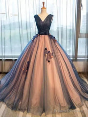 Elegant V-Neck Black Tulle Applique Prom Dress,