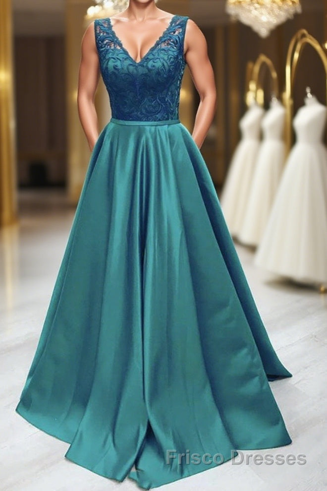 Elegant V Neck Green Lace Long Formal Prom Dresses, Green Lace Formal Graduation Evening Dresses