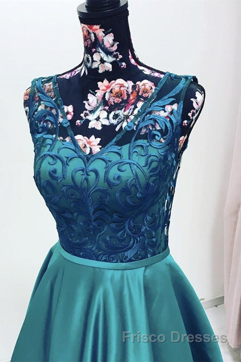 Elegant V Neck Green Lace Long Formal Prom Dresses, Green Lace Formal Graduation Evening Dresses