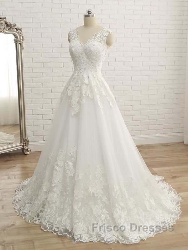 Elegant V-Neck Lace Ball Gown Wedding Dress