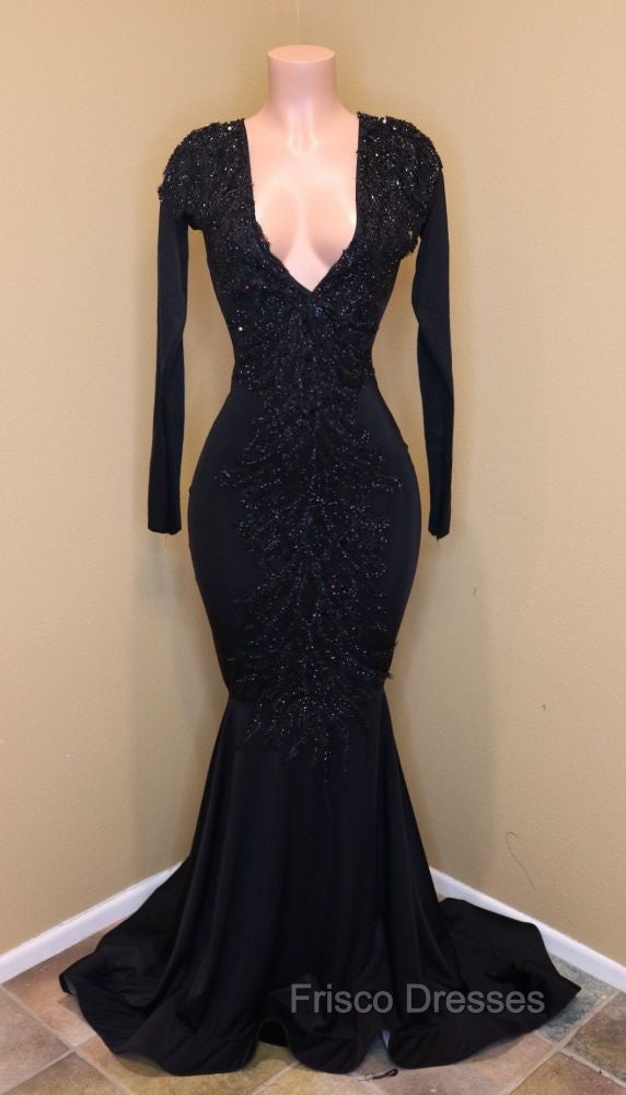 Elegant V-Neck Long Sleevess Appliques Sequins Mermaid Zipper Formal Prom Dress