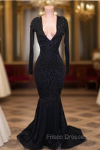 Elegant V-Neck Long Sleevess Appliques Sequins Mermaid Zipper Formal Prom Dress