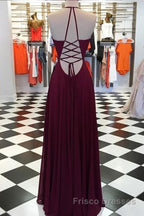 Elegant V Neck Open Back Burgundy Formal Prom Dresses, Open Back Burgundy Formal Dresses, Long Burgundy Evening Dresses