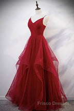 Elegant V Neck Open Back Sequins Burgundy Long Formal Prom Dresses, Shiny Burgundy Formal Dresses, Fluffy Burgundy Evening Dresses