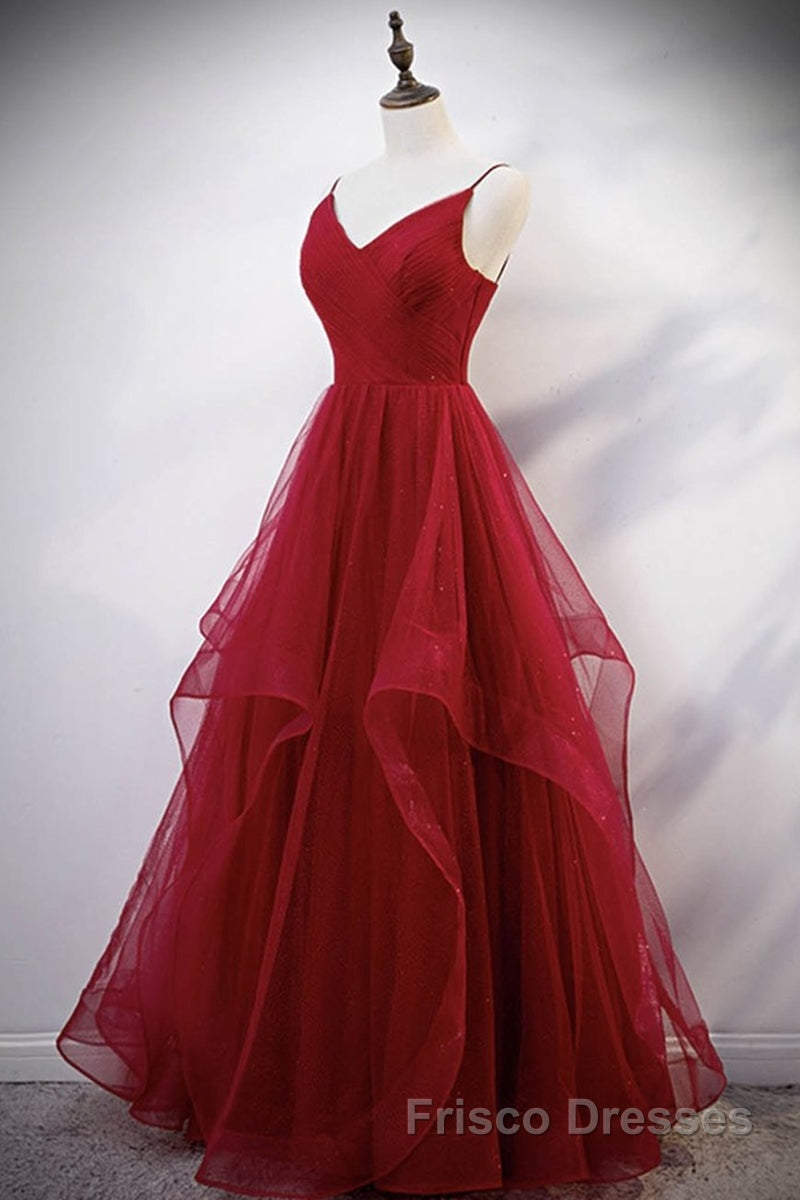 Elegant V Neck Open Back Sequins Burgundy Long Formal Prom Dresses, Shiny Burgundy Formal Dresses, Fluffy Burgundy Evening Dresses