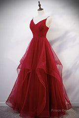 Elegant V Neck Open Back Sequins Burgundy Long Prom Dress, Shiny Burgundy Formal Dress, Fluffy Burgundy Evening Dress