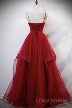 Elegant V Neck Open Back Sequins Burgundy Long Formal Prom Dresses, Shiny Burgundy Formal Dresses, Fluffy Burgundy Evening Dresses
