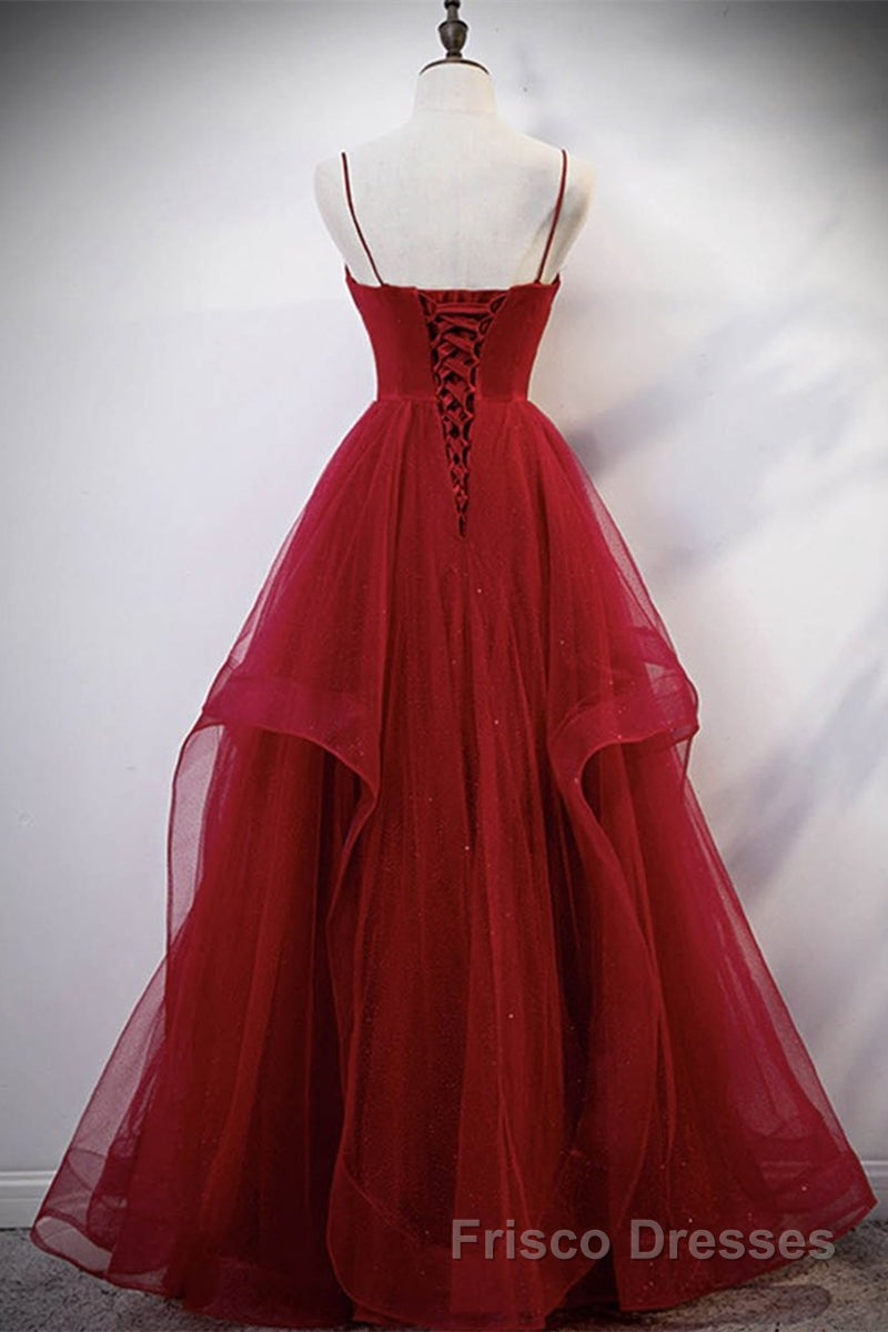 Elegant V Neck Open Back Sequins Burgundy Long Formal Prom Dresses, Shiny Burgundy Formal Dresses, Fluffy Burgundy Evening Dresses