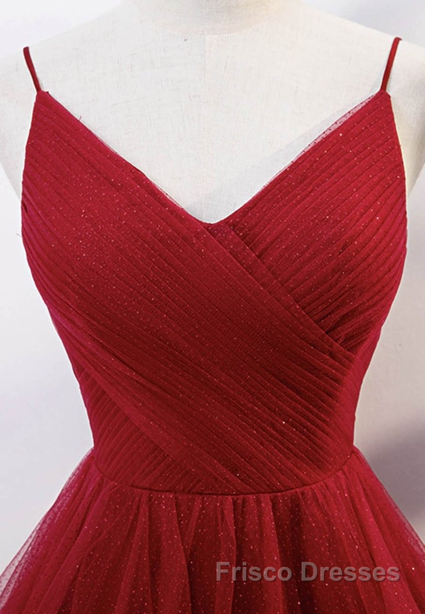 Elegant V Neck Open Back Sequins Burgundy Long Formal Prom Dresses, Shiny Burgundy Formal Dresses, Fluffy Burgundy Evening Dresses