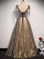 Elegant V-neck Organza Grey Lace A-line Spaghetti Straps Lace-up Back Long Prom Dress