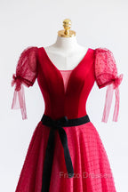 Elegant V-Neck Tulle and Velvet Long Formal Prom Dress, Burgundy A-Line Evening Dress