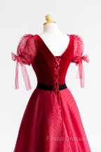Elegant V-Neck Tulle and Velvet Long Formal Prom Dress, Burgundy A-Line Evening Dress