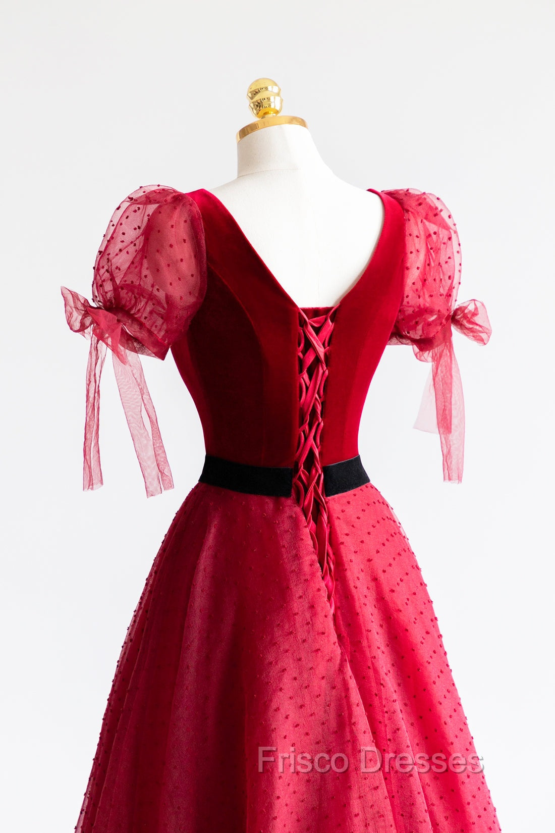 Elegant V-Neck Tulle and Velvet Long Formal Prom Dress, Burgundy A-Line Evening Dress