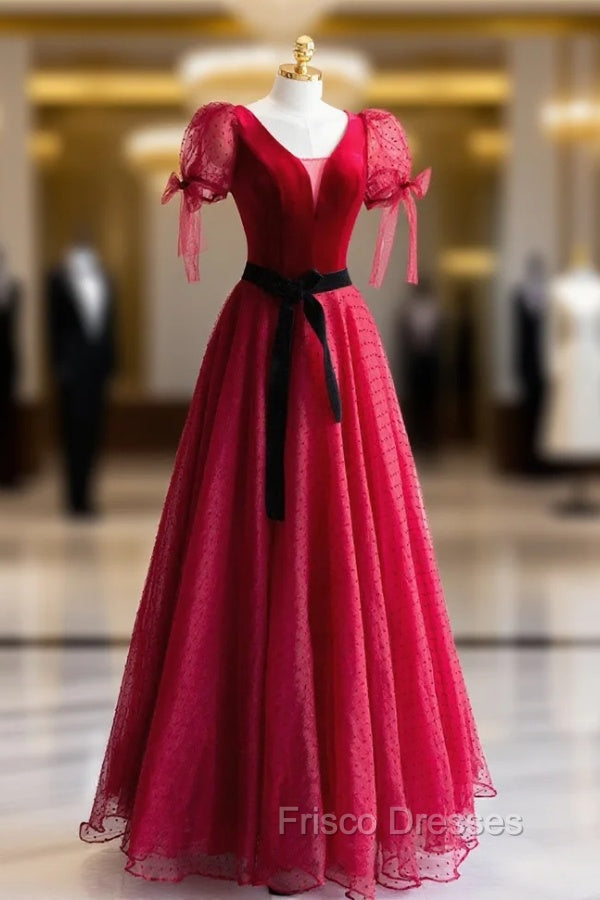 Elegant V-Neck Tulle and Velvet Long Formal Prom Dress, Burgundy A-Line Evening Dress