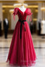 Elegant V-Neck Tulle and Velvet Long Formal Prom Dress, Burgundy A-Line Evening Dress