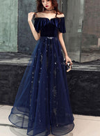 Elegant Velvet Bodice Tulle Long Formal Dress, Navy Blue Party Dress