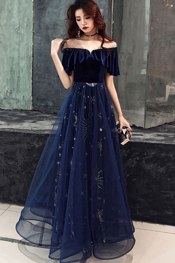 Elegant Velvet Bodice Tulle Long Formal Dress, Navy Blue Party Dress Main image
