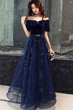 Elegant Velvet Bodice Tulle Long Formal Dress, Navy Blue Party Dress