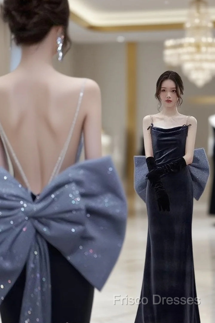 Elegant Velvet Spaghetti Straps Backless Sheath Long Formal Prom Dress Formal Dress With Bowknot,