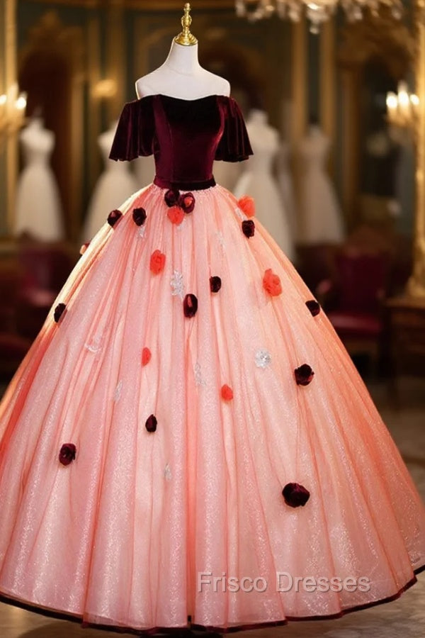 Elegant Velvet Tulle Long Formal Dress, Burgundy Off the Shoulder Sweet Flower Party Dress