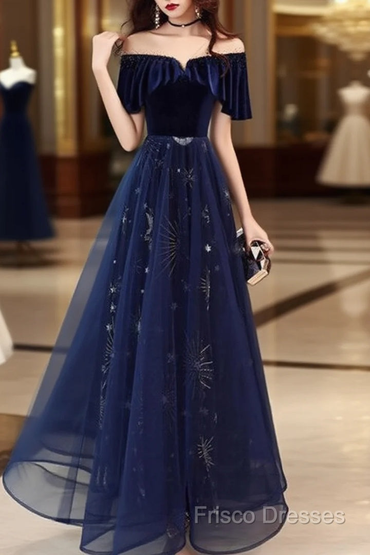 Elegant Velvet Tulle Long Formal Navy Blue Formal Prom Dress,
