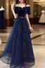 Elegant Velvet Tulle Long Formal Navy Blue Formal Prom Dress,