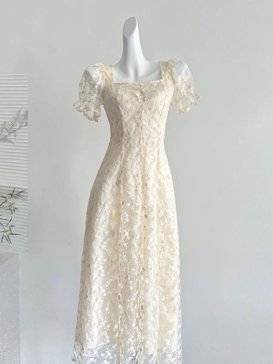 Elegant Vintage Ivory A-Line Square Neck Short Sleeve Lace Waist Long Prom Dress Evening Dress Secondary image