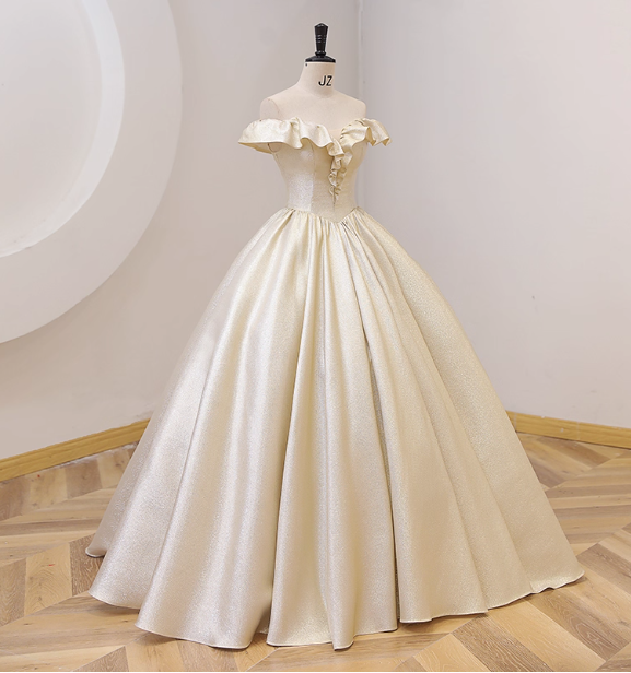 Elegant Vintage One-Shoulder Ruffle Shiny Satin Ball Gown Evening Dress Sweet 16 Dress