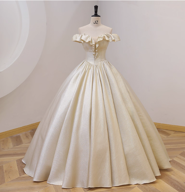 Elegant Vintage One-Shoulder Ruffle Shiny Satin Ball Gown Evening Dress Sweet 16 Dress