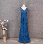 Elegant Vintage Royal Blue V-Neck Lace Long Prom Dress Evening Dress