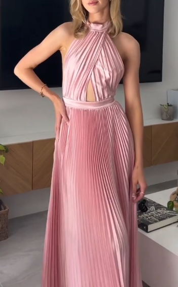 Elegant Wedding Guest Outfit A Line Halter Hot Pink Satin Prom Dresses Summer Wedding Guest Dresses Graduation Dresses