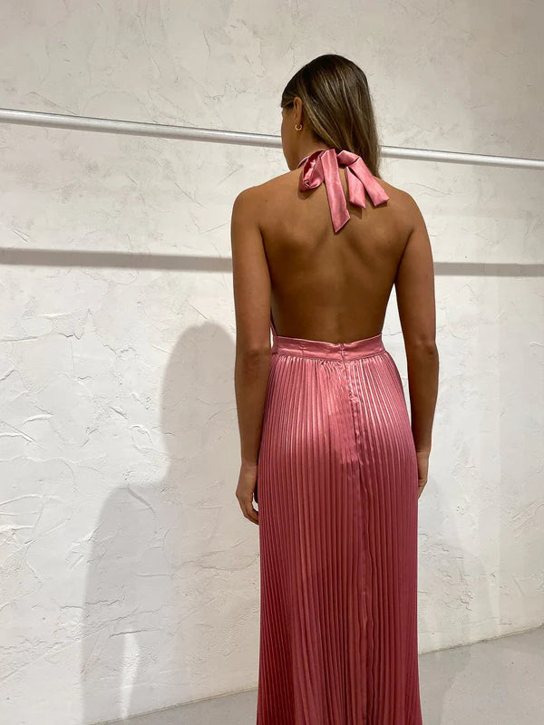 Elegant Wedding Guest Outfit A Line Halter Hot Pink Satin Prom Dresses Summer Wedding Guest Dresses Graduation Dresses