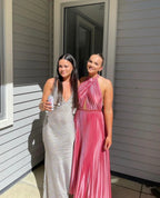 Elegant Wedding Guest Outfit A Line Halter Hot Pink Satin Prom Dresses Summer Wedding Guest Dresses Graduation Dresses