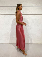 Elegant Wedding Guest Outfit A Line Halter Hot Pink Satin Prom Dresses Summer Wedding Guest Dresses Graduation Dresses