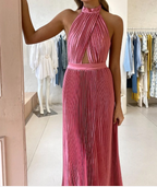 Elegant Wedding Guest Outfit A Line Halter Hot Pink Satin Prom Dresses Summer Wedding Guest Dresses Graduation Dresses
