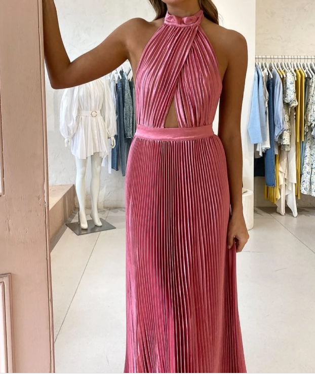 Elegant Wedding Guest Outfit A Line Halter Hot Pink Satin Prom Dresses Summer Wedding Guest Dresses Graduation Dresses